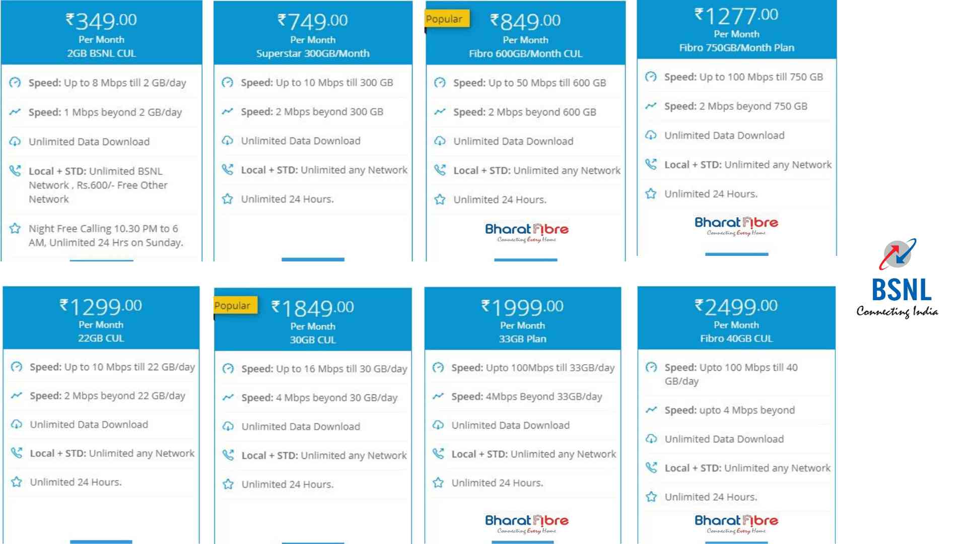 Some Common Best Broadband Plans by BSNL. 18% GST Tax Extra.