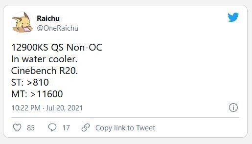 OneRaichu tweet of Core i9-12900K benchmarks