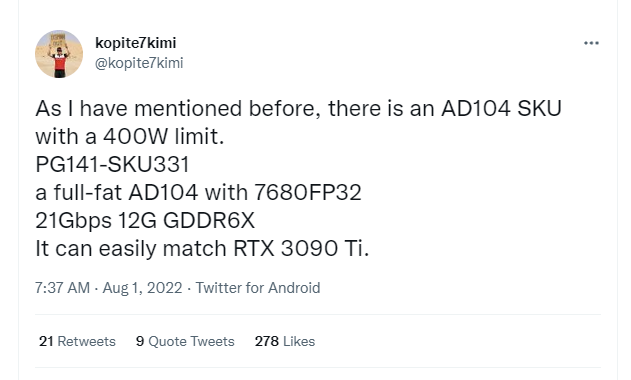 RTX 4070 Ti (AD104) rumour - Source kopite7kimi